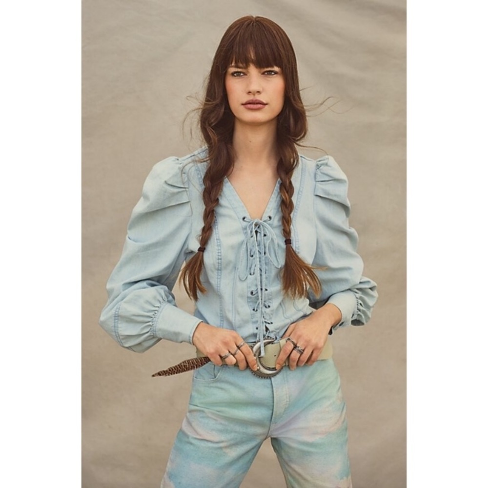 Free People Bleached Denim Puff Sleeve Lace Up Blouse